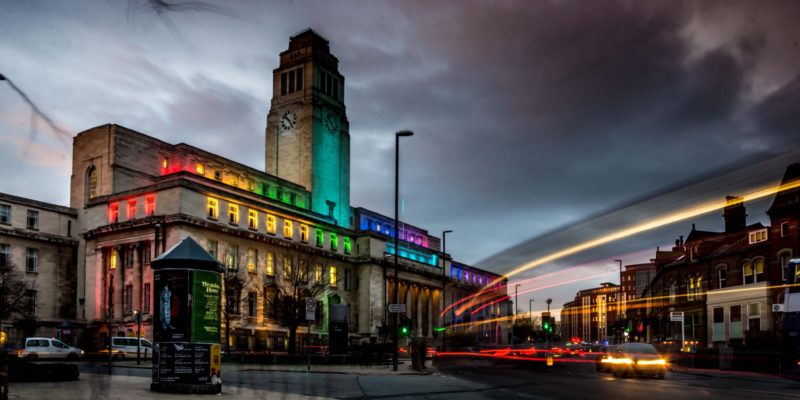 The Parkinson Building, lit at night in rainbow colours