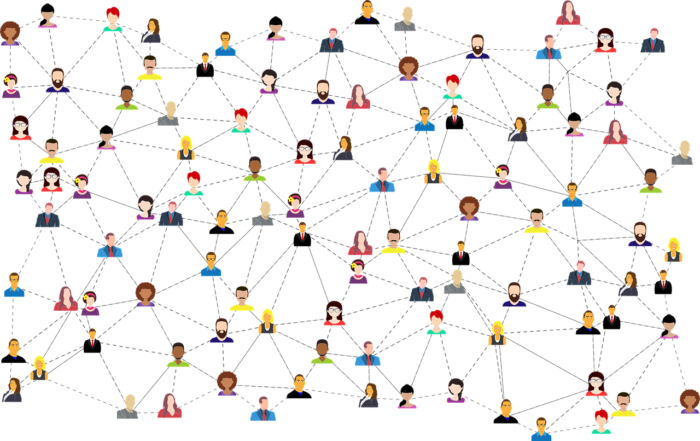 This picture is a illustration of approx 100 different individuals, who are linked up by multiple dotted lines, creating a network image. 