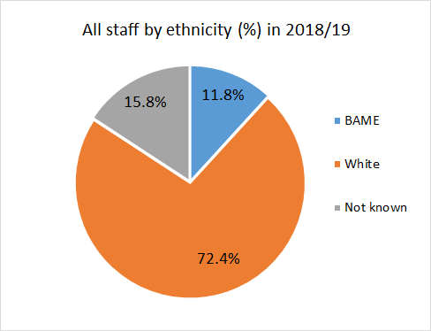 A pie chart showing that in 2018/19, 11.8% of staff identified as BAME, 72.4% identified as White, and 15.8% were unknown.