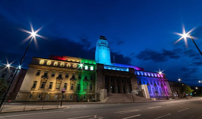 Parkinson Building lit up in rainbow colours